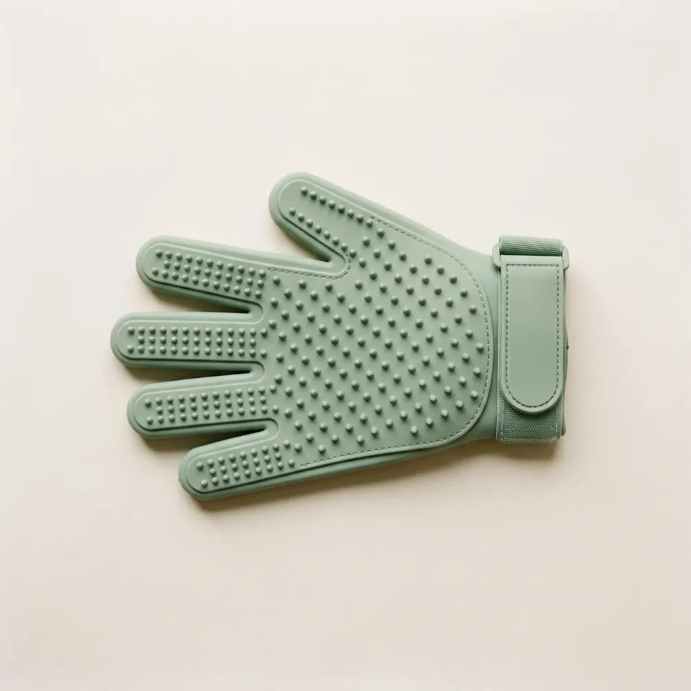 Sage-green silicone grooming glove with soft rubber nubs