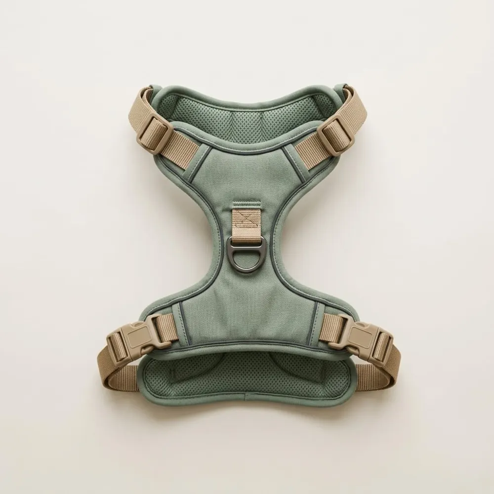 Sage-green padded dog harness with reflective trim