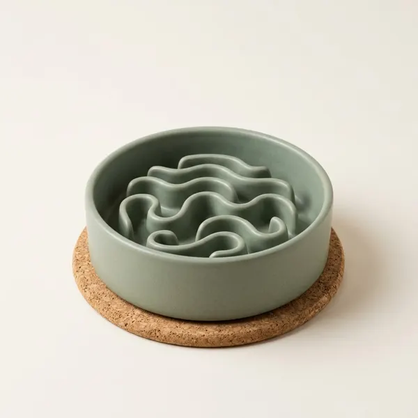 Sage-green ceramic slow-feed bowl with a raised wave maze on a cork base