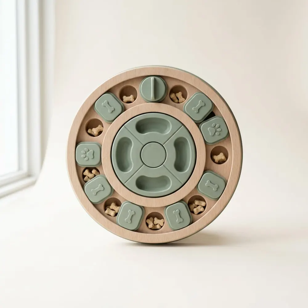 Round sage and cream interactive treat puzzle with sliding covers