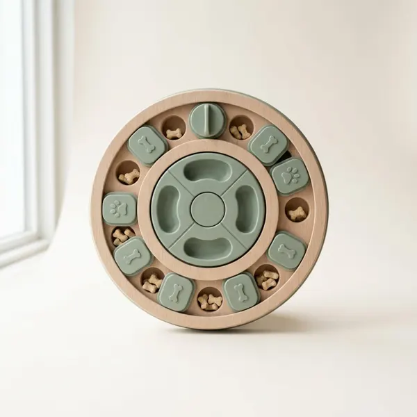 Round sage and cream interactive treat puzzle with sliding covers